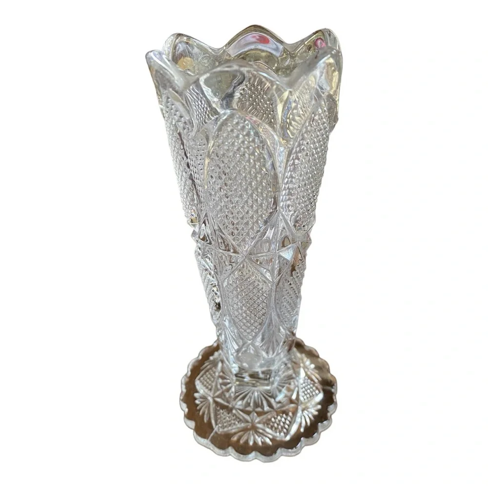 Antique EAPG Clear Pressed Glass Bud Vase Diamond Pattern Scalloped 6